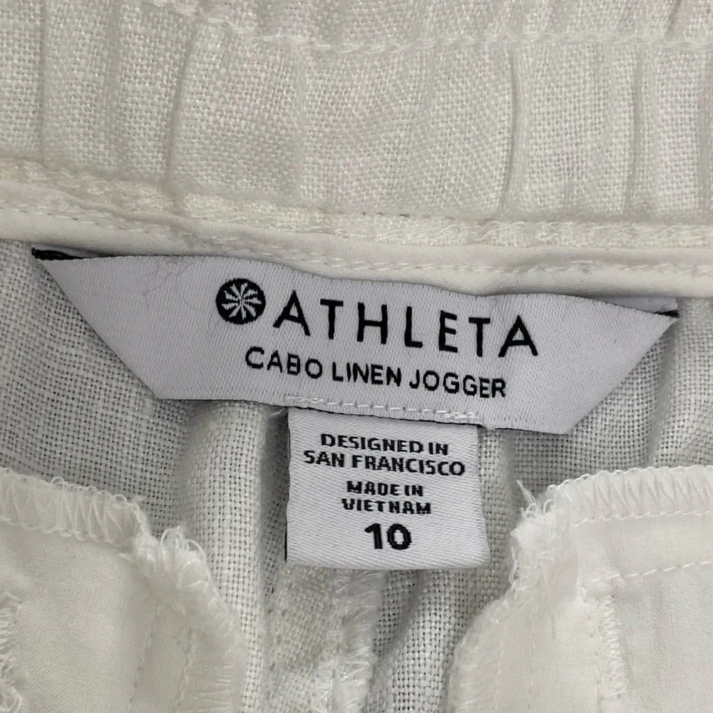 Athleta White Linen 100% Drawstring Cabo Joggers with Zip Pockets Size 10